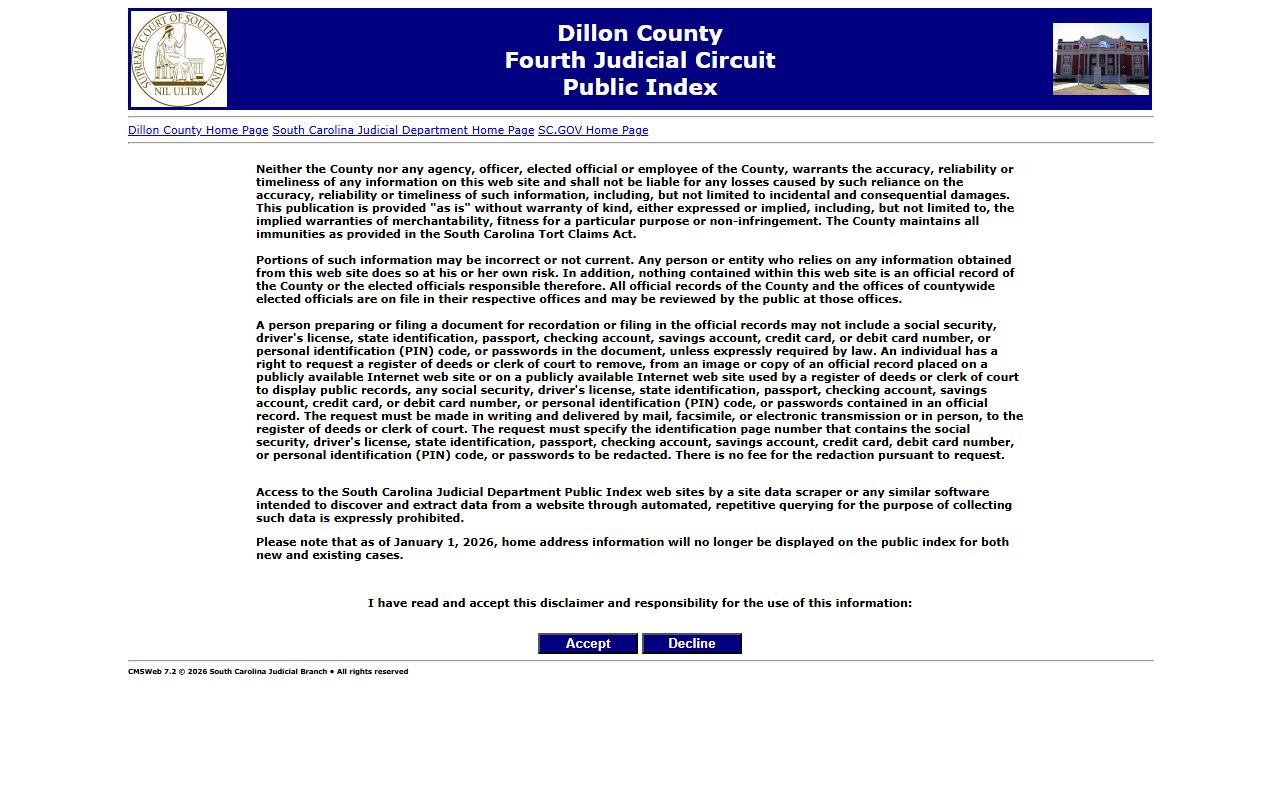 Dillon County Public Index inmate court records search interface