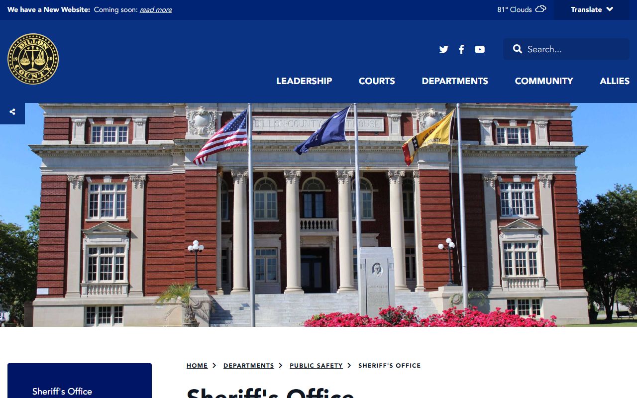Dillon County detention center inmate population contact information on the sheriff page