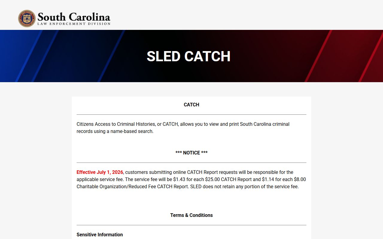 SLED CATCH statewide criminal history search for Dillon County arrest records